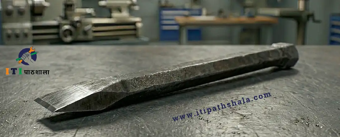 A close-up of a metal marking and measuring tool used in ITI vocational training workshops.