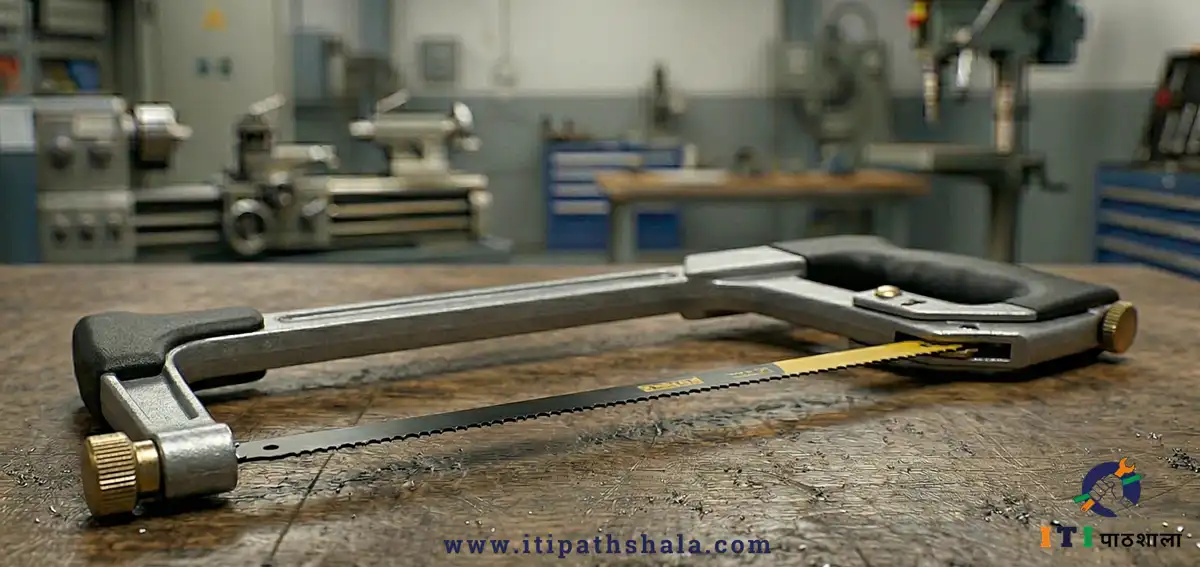 A close-up of a hand saw and measuring tape on a workshop workbench for vocational training.