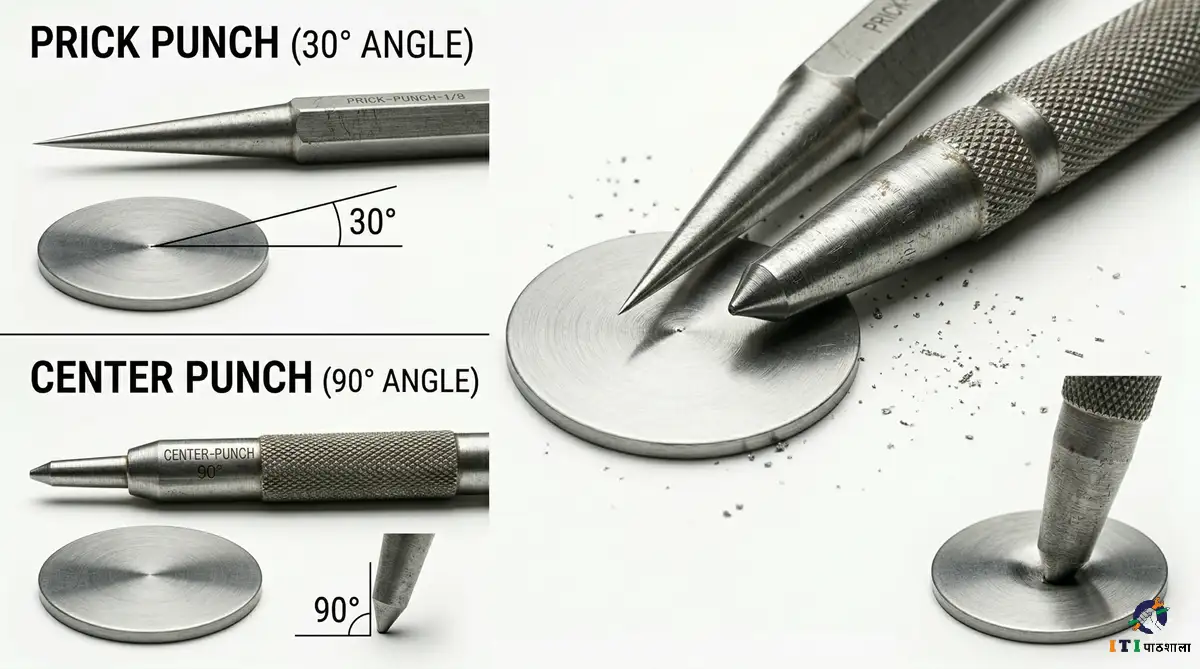 difference between center punch and prick punch with tip angle comparison 90 degree vs 30 degree