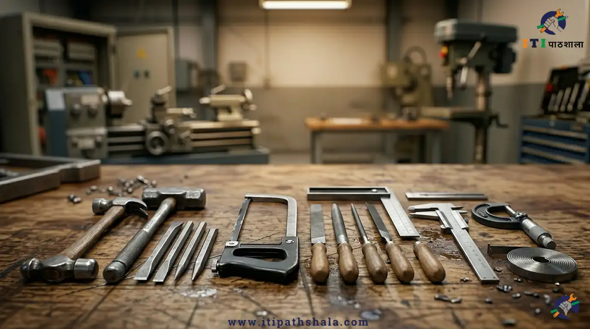 workshop tools image including hammer chisel hacksaw file try square and measuring tools used in iti fitter trade (Marking and Measuring Tools)