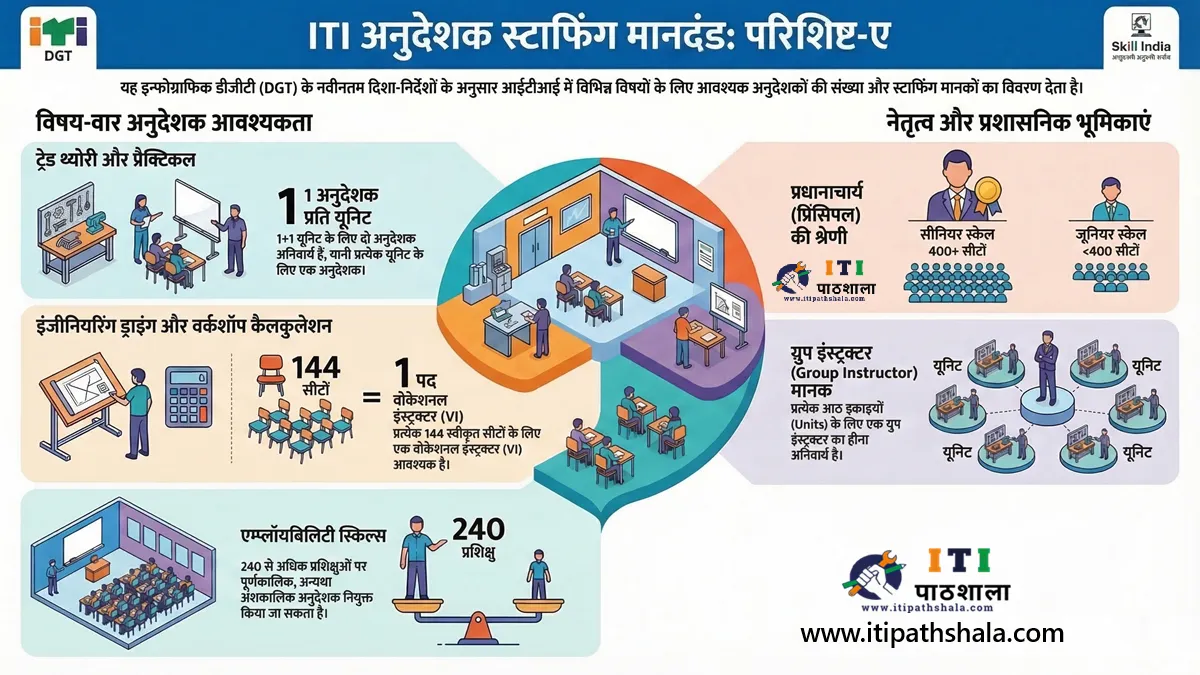 NIMS Portal 2026: ITI Instructor Registration, IPRN & ITSU Mapping Complete Guide 8 ITI instructor staffing norms DGT 2026 — Trade Theory 1 per unit, Engineering Drawing 1 per 144 seats, WCS 1 per 144 seats, Employability Skills norms