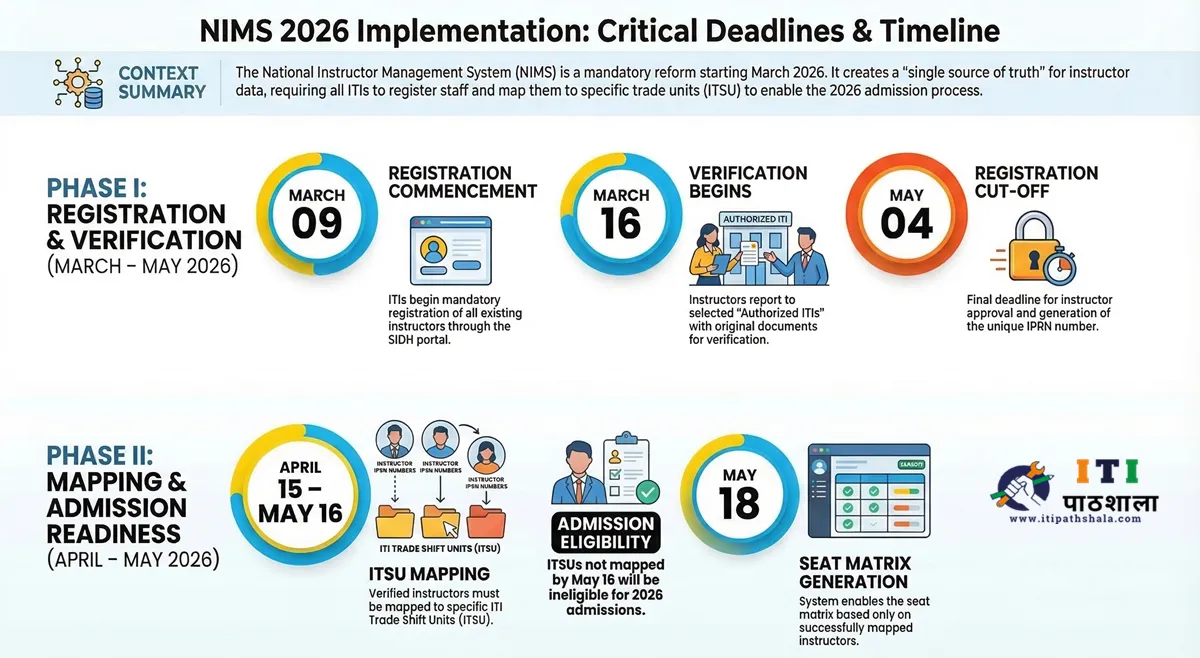 NIMS Portal 2026: ITI Instructor Registration, IPRN & ITSU Mapping Complete Guide 9 NIMS Portal 2026 ITI instructor registration timeline — 9 March registration, 16 March verification, 15 April ITSU mapping, 4 May last date, 18 May seat matrix