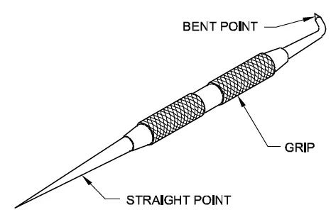 Scriber tool sketch showing pointed tip and handle used for marking metal surfaces